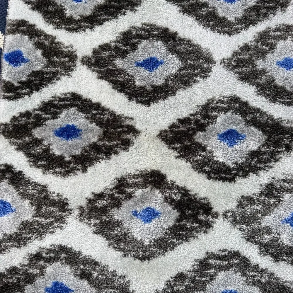 Geometric Gray Blue Bath Mat Ikat Diamond Plush Modern Bathroom Floor Rug